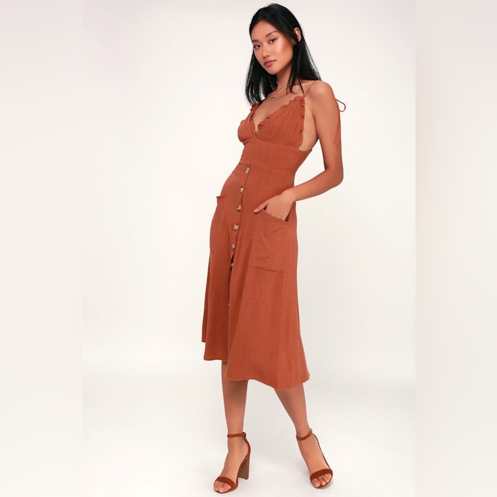 Lulu's Lisbeth Rust Orange Button-Front Midi Dress - image 2